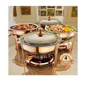 Hafing Dishes for Buffet, 4 Pack 5QT Round Stainless Steel Chafing Dish Set for Home Parties, Christmas Gatherings, Catering Events Complete Buffet Warmer Set (Rose Gold 4)