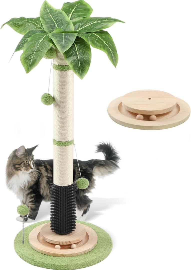 39.4'' Tall Cat Scratching Post,3.5 Inch Wide Sisal Rope Scratching Post for Indoor Adults Kittens,Cat Scratcher with Stable Solid Wood Base Interactive Ball Toys Self Groomer Brush for Large Cats