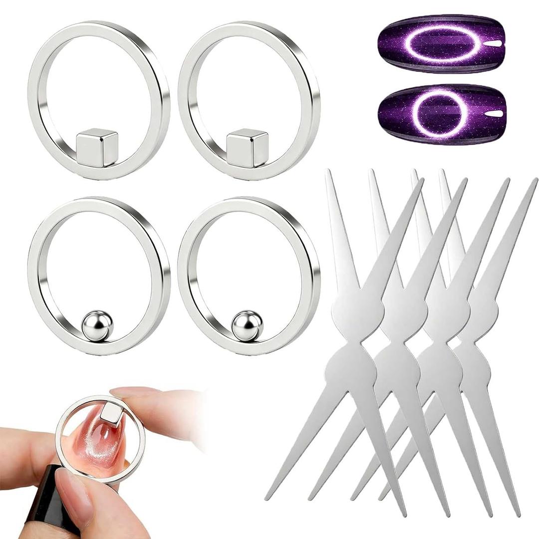 4 x Cat Eye Magnet for Nails, 4PCS Strong Hollow Circle Cat Eye Magnet Nail Art Magnet for Beginner Home Salon DIY Manicure(4 Set(Ball+Cube))