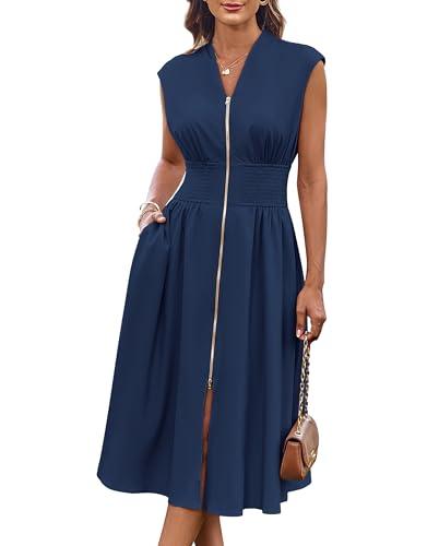 GRACE KARIN Sleeveless Dress for Women V Neck Cap Sleeve Smocked High Waist Flowy Work Dress with Zipper Navy Blue XL