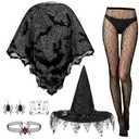 BOARDFEB 1 Pcs Black Spiderweb Costume Accessories, Women Spider Web Poncho Spider Web Stockings Necklace Earrings Witch Hat Halloween Costume for Women