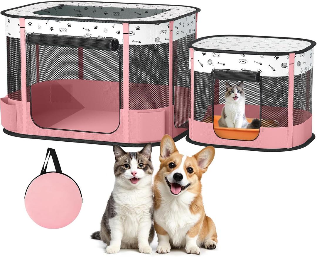 Portable Cat Playpen with litter box area, Foldable Pet Dog Playpen, for Kitten Puppy Play Pen Indoor/Outdoor, Cats Enclosure Cages Tent with Carrying Case, 600D Oxford 8-Rods, 32"x24"x22", Pink