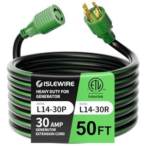 ISLEWIRE 4 Prong 30 Amp Extension Generator Cord 50FT, NEMA L14-30P/L14-30R, 125/250 Volt Up to 7500 Watts, 10 Gauge SJTW Twist Lock Power Cord for Manual Transfer Switch, Black&Green, ETL Listed