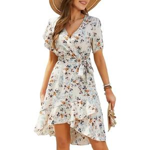 Womens Wrap V Neck Short Sleeve Dress 2025 Summer Floral Boho Dress Ruffle A Line Flowy High Low Midi Dresses Size Small 