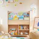 VECELO Wooden Childrens Bookshelf - Kids Book Organizer with 3-Tier Display and 2-Tier Storage Compartments, Easy-to-Access Toddler Bookcase for Playroom, Bedroom, or Nursery - Teak