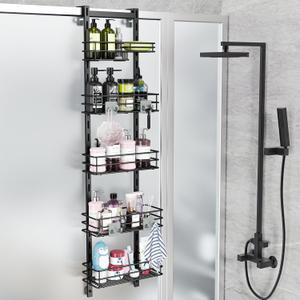 Orimade Over the Door Shower Caddy Adjustable 5 Tier Black, Bathroom Hanging Organizer Shelf Rustproof with 4 Hooks, Shower Basket with Soap Holder and Suction Cup