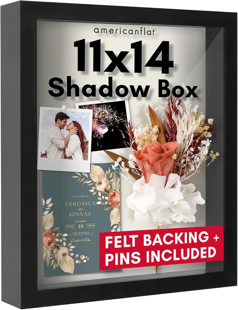Americanflat 11x14 Shadow Box Frame with Shatter-Resistant Glass - Silhouette Collection - Large Shadow Box Display Case for Tabletop and Wall Display - Black with Soft Felt Back