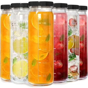 Huichuiero [6 Pack] 20 Oz Glass Juicing Bottles w Airtight Lids - Reusable Drinking Jars w Scale Marker, Travel Water Cups - Tall Mason Jar for Kombucha, Vanilla Extract(Extra 2 Lids)