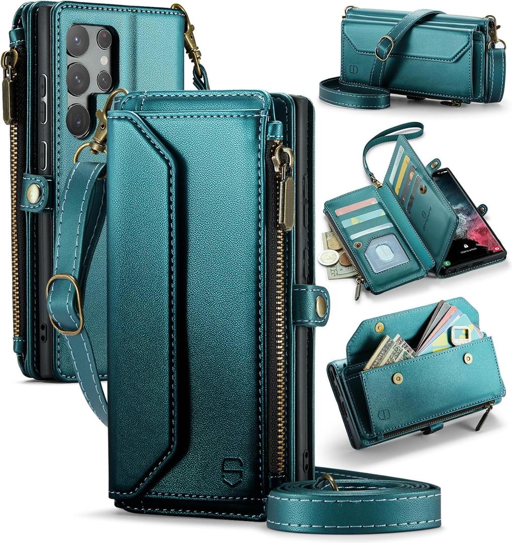 Crossbody Wallet Case Compatible with Samsung Galaxy S22 Ultra 5G RFID Blocking 10-Card Holder Soft PU Leather Magnetic Snap Strap Zipper Pocket Phone Case Fit for Galaxy S22 Ultra,Bluegreen