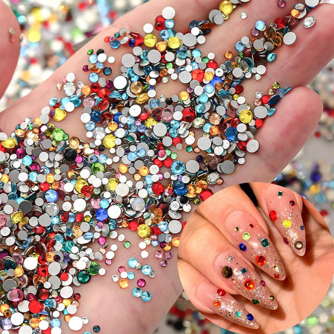 6 x 1440Pcs Colorful Rhinestones Nail Art Charms Bling Flat Back Nail Rhinestones Rounded Nail Diamonds Crystal 3D Nail Gems Nail Jewelry Shiny Kawaii Nail Charms for Women Acrylic Nails Charms Decoration (Multicolored-2)