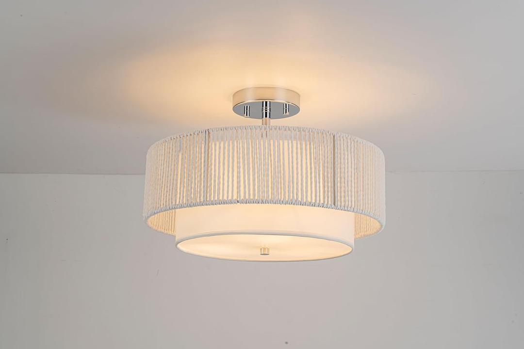 SineRise 16'' Rattan Flush Mount Ceiling Light Fixture, 2-Tier Drum Hand-Woven Boho Flush Mount Ceiling Light, Farmhouse Light Fixture for Living Room, Kitchen, Bedroom Foyer Entryway ect, White