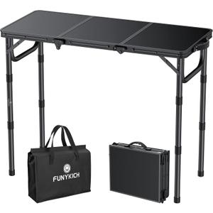 FUNYKICH 3ft Camping Folding Table with 3 Adjustable Height, Portable Small Folding Tables 34.2'' Lx15.7'' W, Lightweight Aluminum Beach Table with Carry Handle for Camping, Backyard BBQ, Picnic (Black)