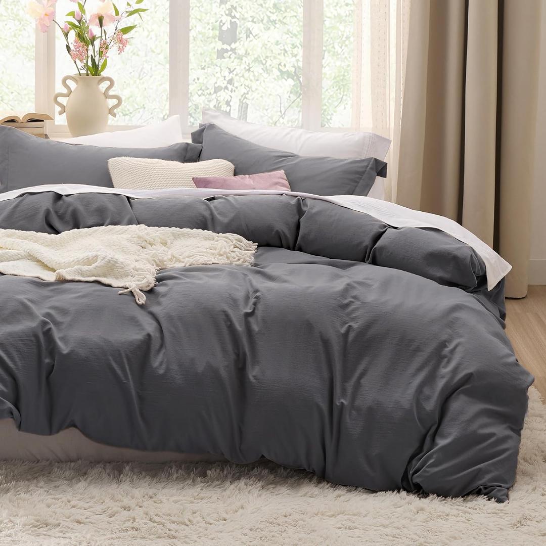 Bedsure Dark Grey Duvet Cover Queen Size - 3 Pieces Prewashed Cotton-Like Polyester Soft Bedding Set, Includes 1 Duvet Cover 90x90 Inches with Zipper Closure & 2 Pillow Shams, Comforter Not Included