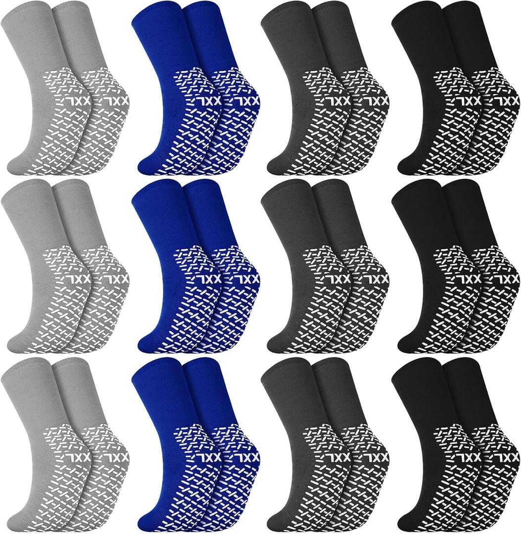 Foaincore 12 Pairs Non Slip Hospital Socks with Grips for Men Women Single Tread Slipper Socks for Seniors Patients (3X-Large, Dark Color)