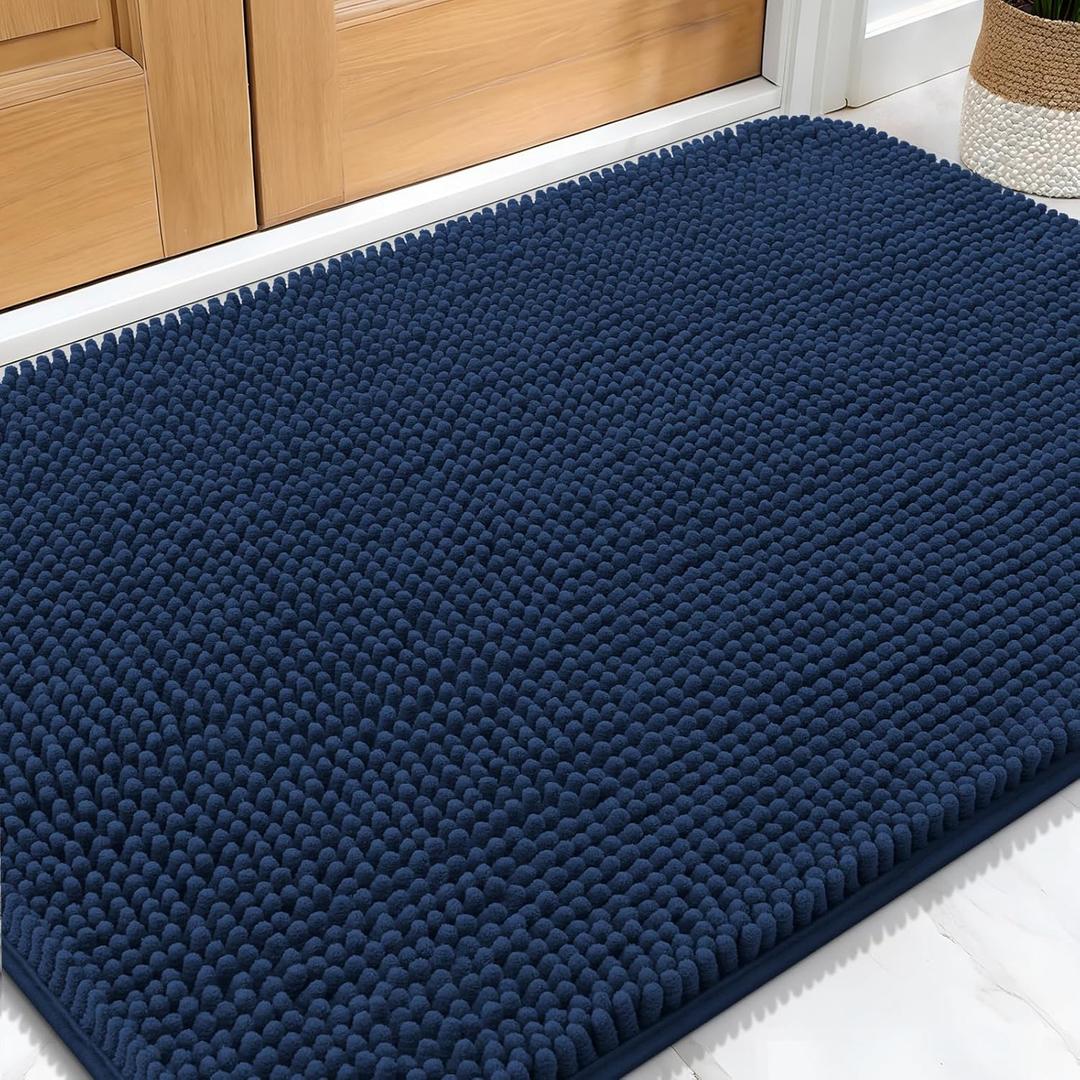 OLANLY Dog Door Mat for Muddy Paws 34x21, Absorbs Moisture and Dirt, Absorbent Non-Slip Washable Doormat, Quick Dry Chenille Mud Mat for Dogs, Entry Indoor Entryway Carpet for Inside Floor, Dark Blue