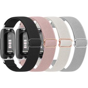 4 Pack Elastic Bands for Fitbit Inspire 3 Bands for Women Men, Soft Adjustable Stretchy Nylon Loop Wristband Sport Replacement Straps for Fitbit Inspire 3 Fitness Tracker (Black+Pink+Starlight+Gray)