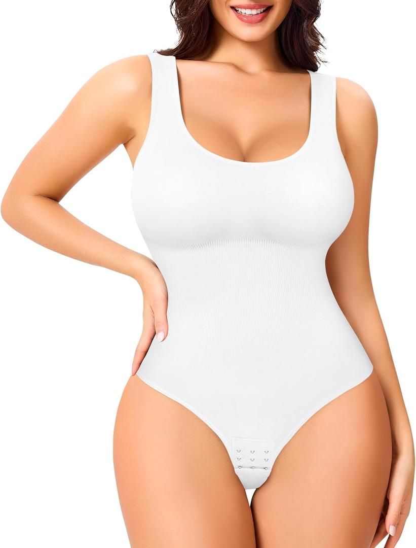 Eleady Shapewear Bodysuits for Women - Body Shaper Thong Tank Top Bodysuit Square Neck (X-Small-Small, White)