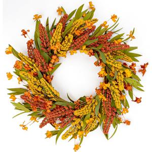VioletEverGarden Fall Wreath for Front Door 20 Inch Autumn Wreaths Artificial Thanksgiving Wreath with Orange Yellow Sorghum Ear and Wildflower for Indoor Outdoor Harvest Festival Holiday Decorations