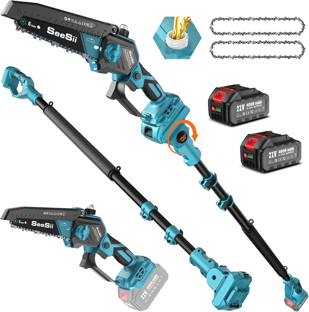 SEESII 2-in-1 Electric Pole Saws: Electric Mini Chainsaw 6 Inch Cordless, 2 x 4000mAh Batteries Tree Pruner, Brushless Chain Saw with Extension Pole for Limb Branch Cutter,16Ft Reach