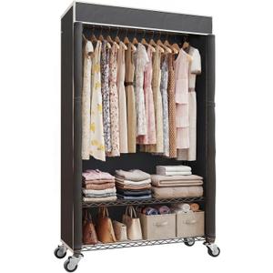 Higeego H4 Clothing Rack with Cover, Rolling Heavy Duty Clothes Rack, Garment Rack on Wheels, Portable Closet for Hanging Clothes, Black Clost Rack with Black Fabric Cover, Max Load 380LBS