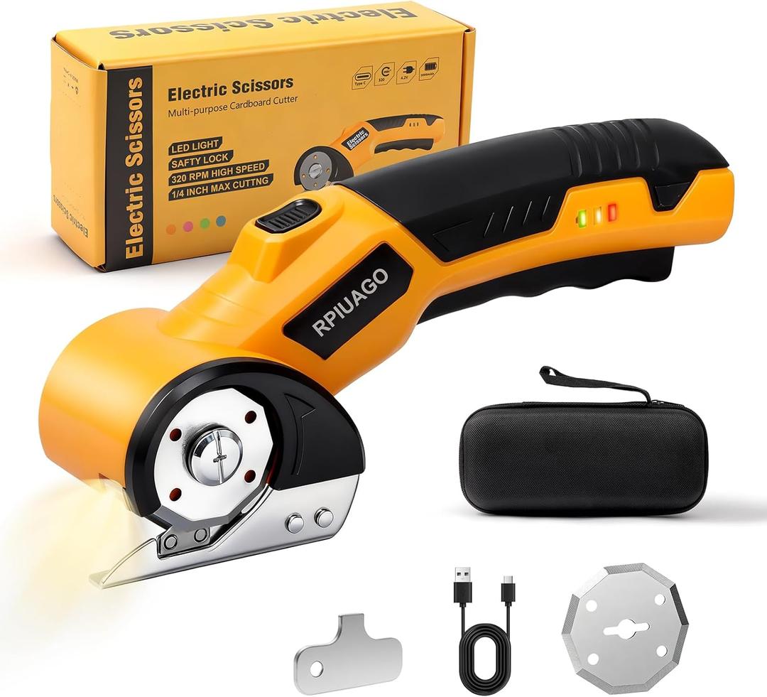 Rechargeable Electric Scissors, 4.2V Cardboard Cutter Electric with LED Light & Safety Lock, 3000mAh Battery & 2 SK5 Rotary Blades, Electric Box Cutter for Cardboard, Fabric, Leather, Plastic (Yellow)