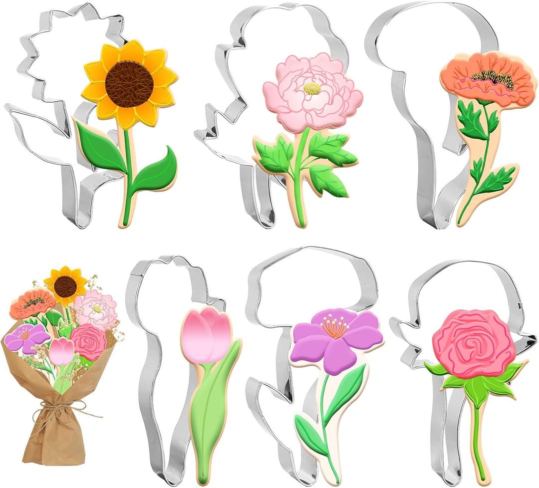FYSUIMU 6Pcs Flower Cookie Cutters Biscuit Cutter Spring Tulip Peony Sunflower Rose Floral Stem Stainless Steel Cookie Cutting Molds for Mother' s Day Home DIY Baking Supplies