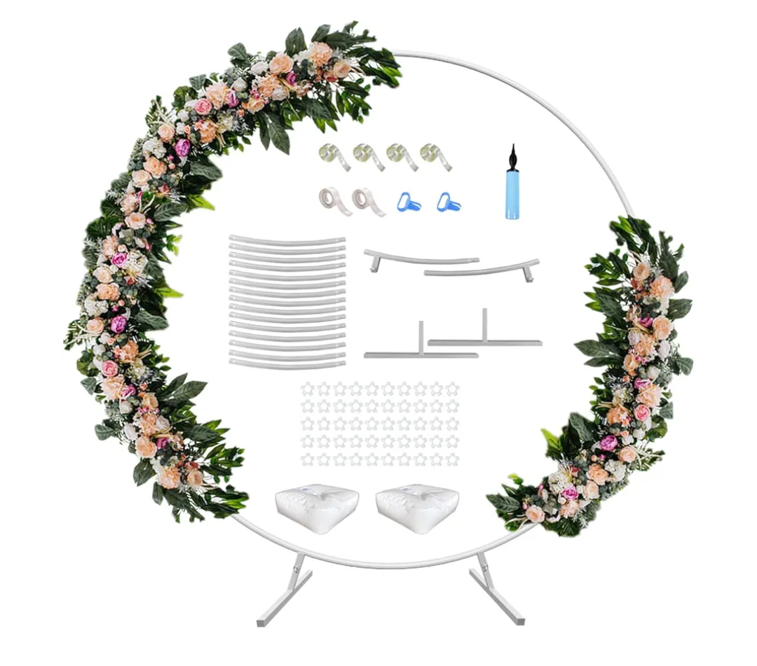 7 Ft Round Wedding Arch Stand with Metal Base for Flower Balloon Decoration, Circle Backdrop Stand Frame for Ceremony, Birthday Party, Baby Shower, White