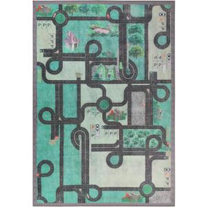 Superior Country Road Non-Slip Indoor Rug for Kids, Toddlers & Babies, Washable for Playroom, Kids Room, Nursery, or Bedroom, Interactive Road, Streets, Buildings and Trees, 5' x 5', Pine Green