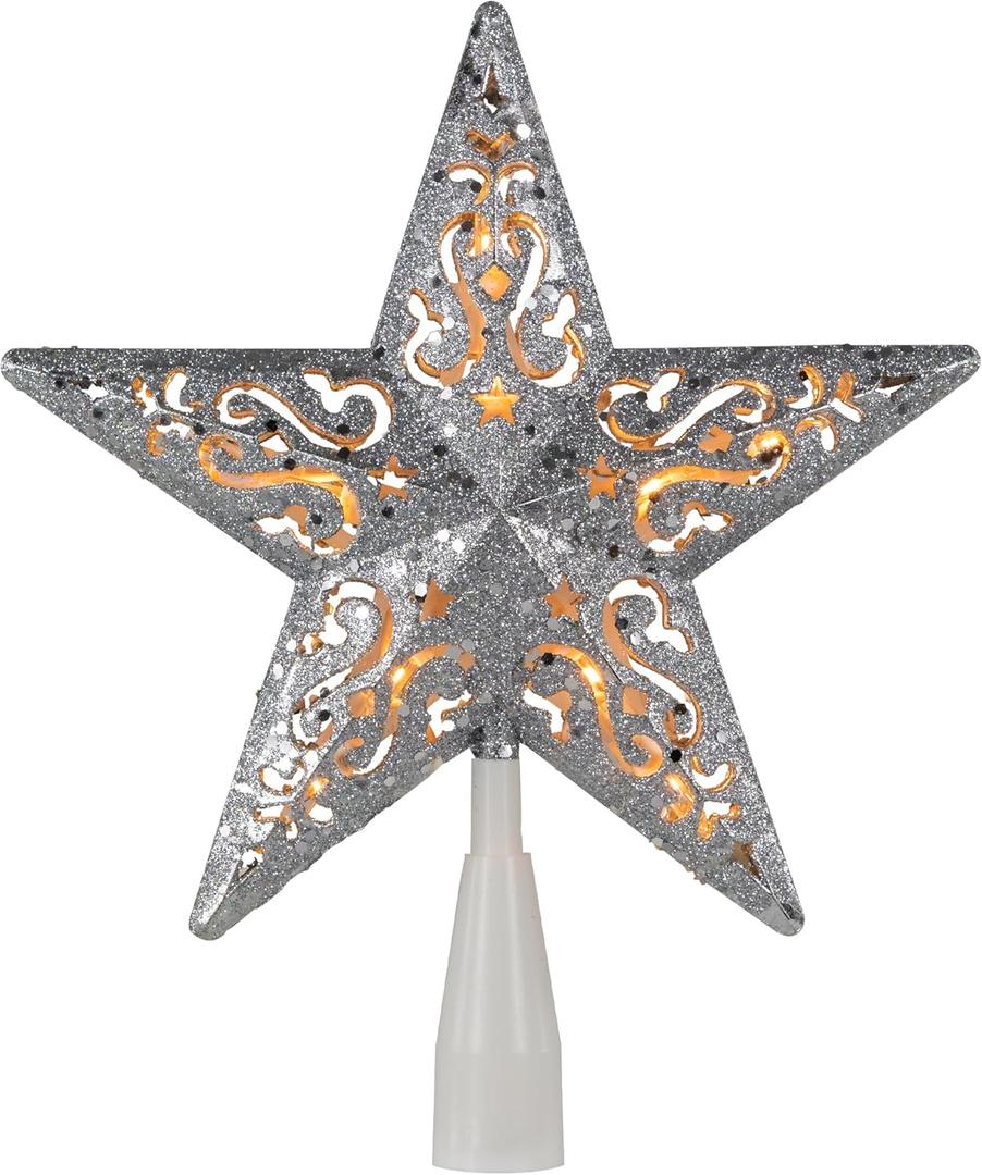 8.5" Lighted Silver Glitter Star Cut Out Design Christmas Tree Topper - Clear Lights, White Wire