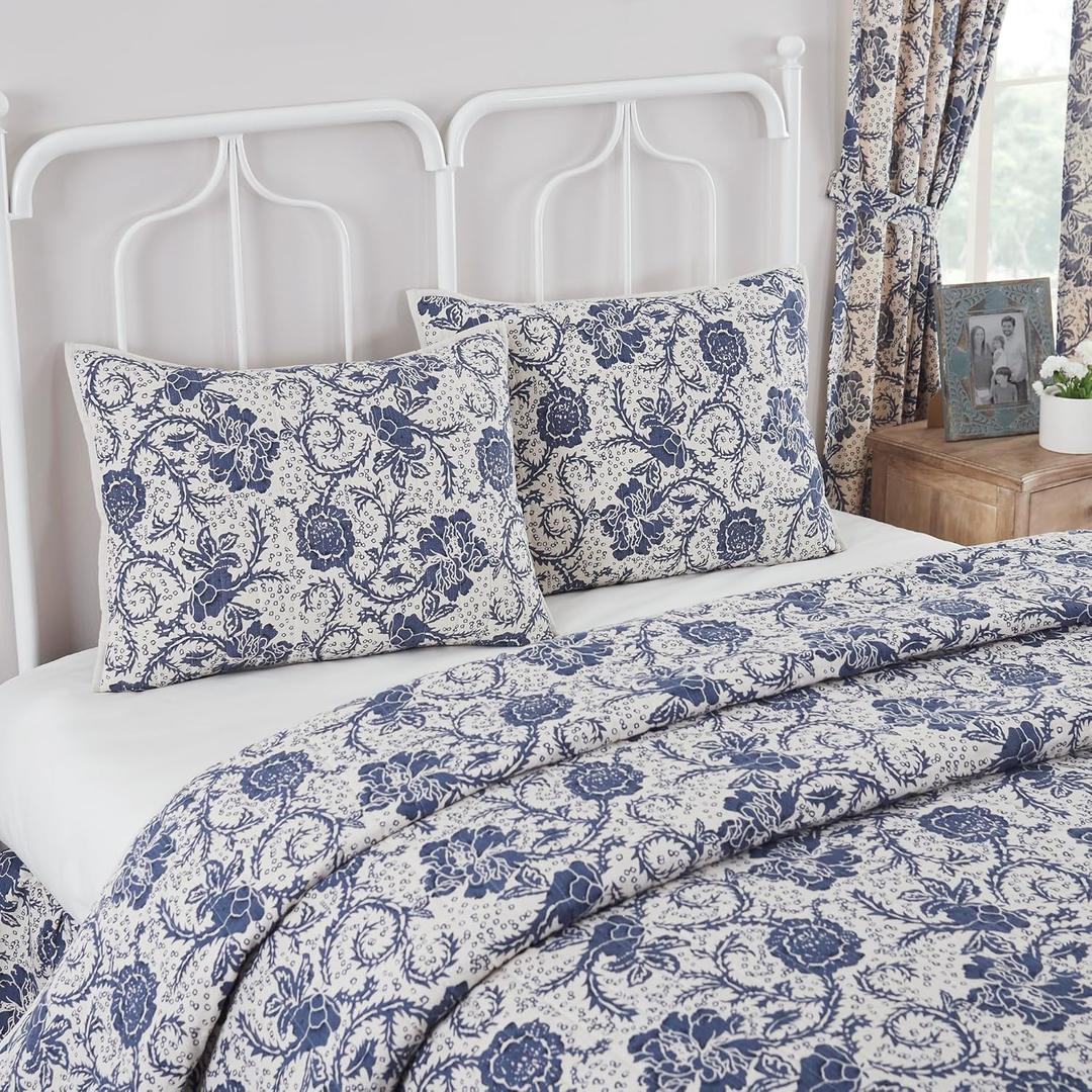 VHC Brands Dorset, Farmhouse Quilted Bed Sham, Standard, Floral, Navy, 21x27