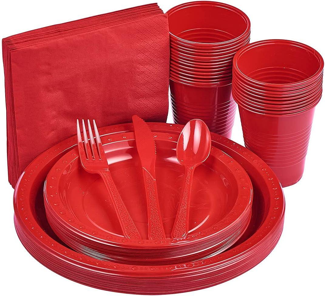 175 PCS Red Plastic Dinnerware Set Includes 50 Plates, 25 Cups, 25 Napkins, 25 Cutlery Spoons Forks & Knives, Disposable Dinnerware Set, Red Party Supplies Set