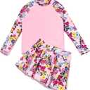 Julysand Girls Rash Guard Set Pink Flowers Modest Swimwear Long Sleeve Two Piece Swimsuit with Dress UV Sun Protection Suit (6 Years)