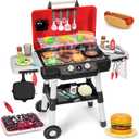 Kids Play Kitchen Toys, Kids BBQ Grill Playset with Smoke Sound Light, 2-Layer Barbecue Toy with Wheels, Outdoor Play Food Toys Cooking Set for Toddlers 3-5, Birthday for Boys Girls (Black)