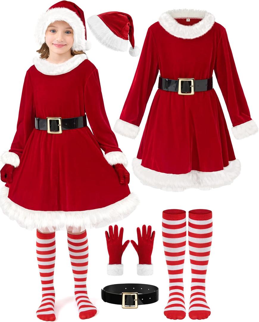 5 Pieces Girls Santa Dress, Santa Dress for Girls Kids Mrs Claus Costume with Belt Hat Christmas Cosplay (11-13Y)