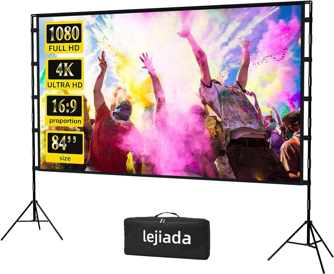 Upgraded 84 inch Projector Screen with Stand Portable Projection Screen lejiada 16:9 4K HD Projections Movies Screen with Carry Bag for Indoor Outdoor Home Theater Backyard Cinema Travel