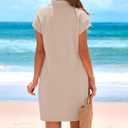 Okiwam Women's Spring Summer Dresses 2026 Casual Short Sleeve V-Neck T-Shirt Mini Vacation Sun Dresses with Pockets (XXL, Light Khaki)