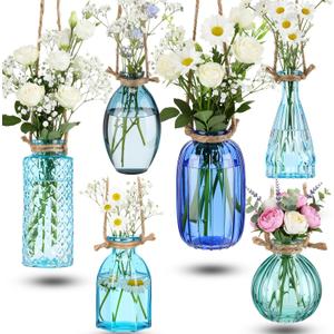6 Pcs Stained Glass Hanging Vases Colorful Glass Terrariums with Rope Small Hanging Planters Pot Containers for Air Plants Flowers Garden Home Wedding Decor(Blue Series)