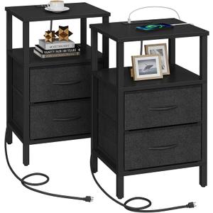 TUTOTAK End Table with Charging Station, Side Table with 2 USB Ports and Outlets, Nightstand with Cloth Drawer, Set of 2, Couch Table, Black TB01BK067