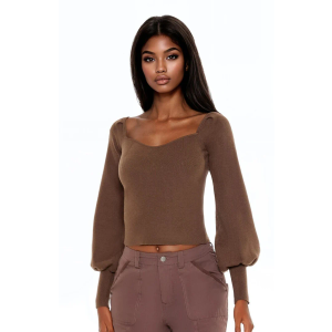 Forever 21 Women's GigotSleeve SweaterKnit Crop Top Espresso Large