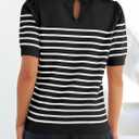 ZESICA Women's Casual Striped Tops Short Sleeve Crew Neck Ribbed Knit T Shirts Comfy Loose Basic Pullover Sweater (Black)