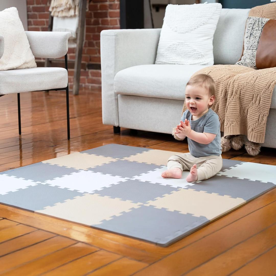 MioTetto Foam Floor Tiles for Kids - Non-Toxic Comfortable Baby Play Mat and Interlocking Foam Tiles, Fits with 50x50 Playpen Mat for Crawling & Development, Soft Play Mat for Babies 6-12 Months (16, Cream-gray-beige)