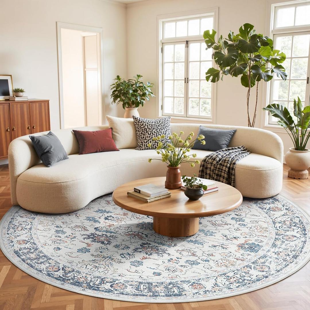 Jinchan Round Rug 8ft Area Rug - Washable Boho Vintage Floral Circle 8' Round Floor Cover Lightweight Low Pile Thin Throw Non-Slip Carpet for Kitchen Living Room Bedroom Dining Room Office Grey Multi