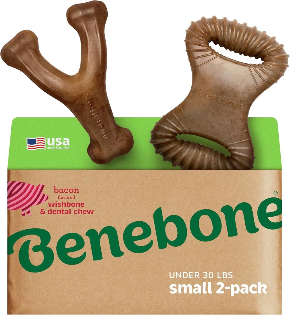 Benebone 2 Count (Pack of 1) Wishbone/Dental Durable Dog Chew Toys, Real Bacon, Made in USA, Small