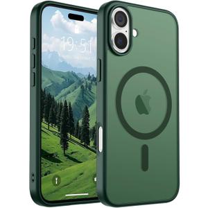 SUPFINE Magnetic for iPhone 16 Case (Compatible with MagSafe) (Military Grade Drop Protection) Slim Translucent Matte Shockproof with Anti-Fingerprint Phone Case, Forest Green