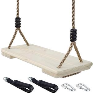 Wooden Swing Seat, Nostalgic Outdoor Wood Swing for Kids Adults, Tree Straps Set Accessories for Backyard Patio Garden Playground, Height Adjustable (Raw Wood)