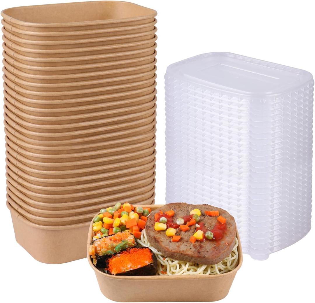22OZ Disposable Kraft paper bowls with lids, Rectangle Food containers Soup Bowls Party Supplies Treat Bowls 50 PACK