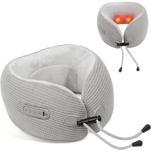 Electric Neck Massager,Portable Travel Pillow with Massage and Heat,Rechargeable Vibrating Neck Pillow Massager,Perfect for Pain Relief at Home, Office,Travel (Grey)