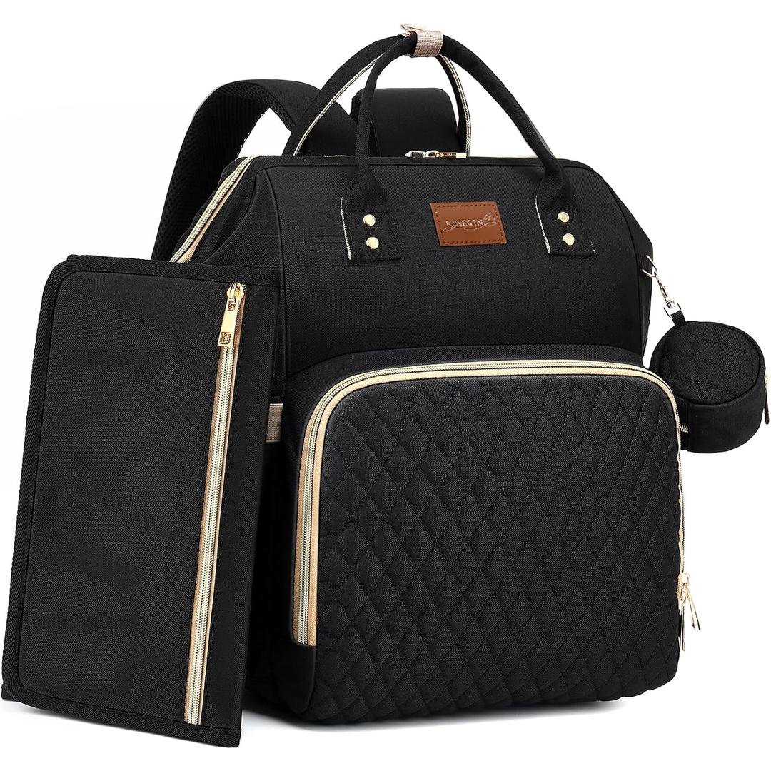 Diaper Bag Backpack with Changing Pad Pacifier Case, Baby Bag for Boy Girl Toddler - Large,Stylish, Waterproof Travel Quilted Diaper Bag for Mom - Baby Shower Gifts, Black