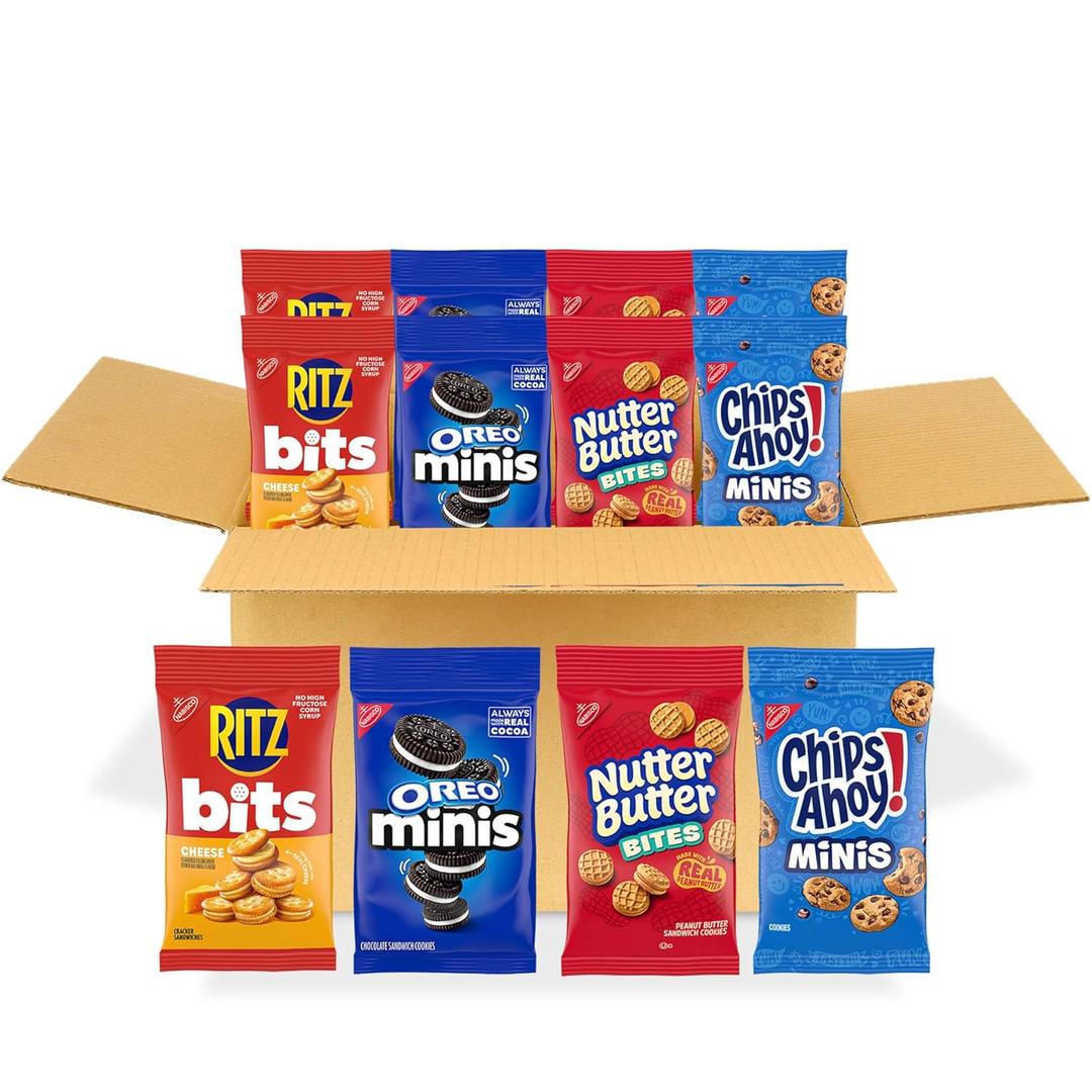 OREO Minis Cookies, CHIPS AHOY! Minis Cookies, Nutter Butter Bites & RITZ Bits Cheese Crackers Variety Pack, 15 Snack Packs, BB 03-13-2026