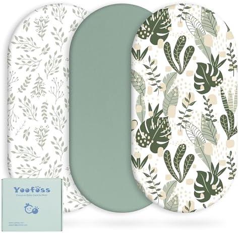Yoofoss Bassinet Sheets for Baby,3-Pack Fitted Bassinet Sheets Set Compatible with Halo Bassinest Swivel Sleeper,Baby Delight,Angelbliss,Soft Breathable Bassinet Mattress Sheets(Green+Leaf)